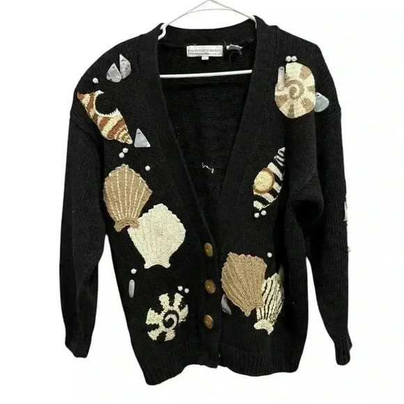 Vintage 80s 90s Tony Lambert Beach Shells Coastal Cardigan Sweater Ramie M - Picture 1 of 9